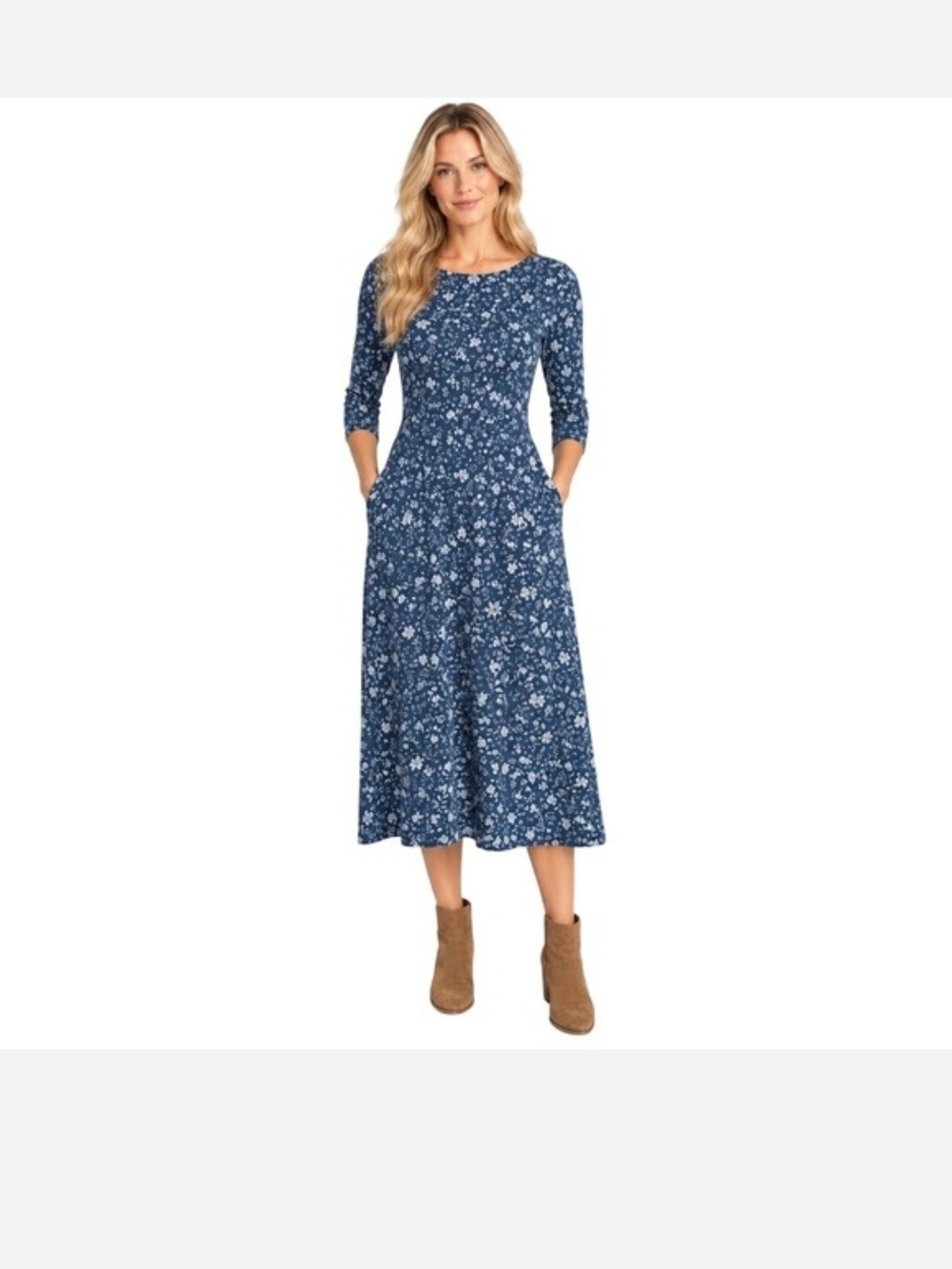 Pact Blue Floral Midi Dress with 3/4 Sleeves